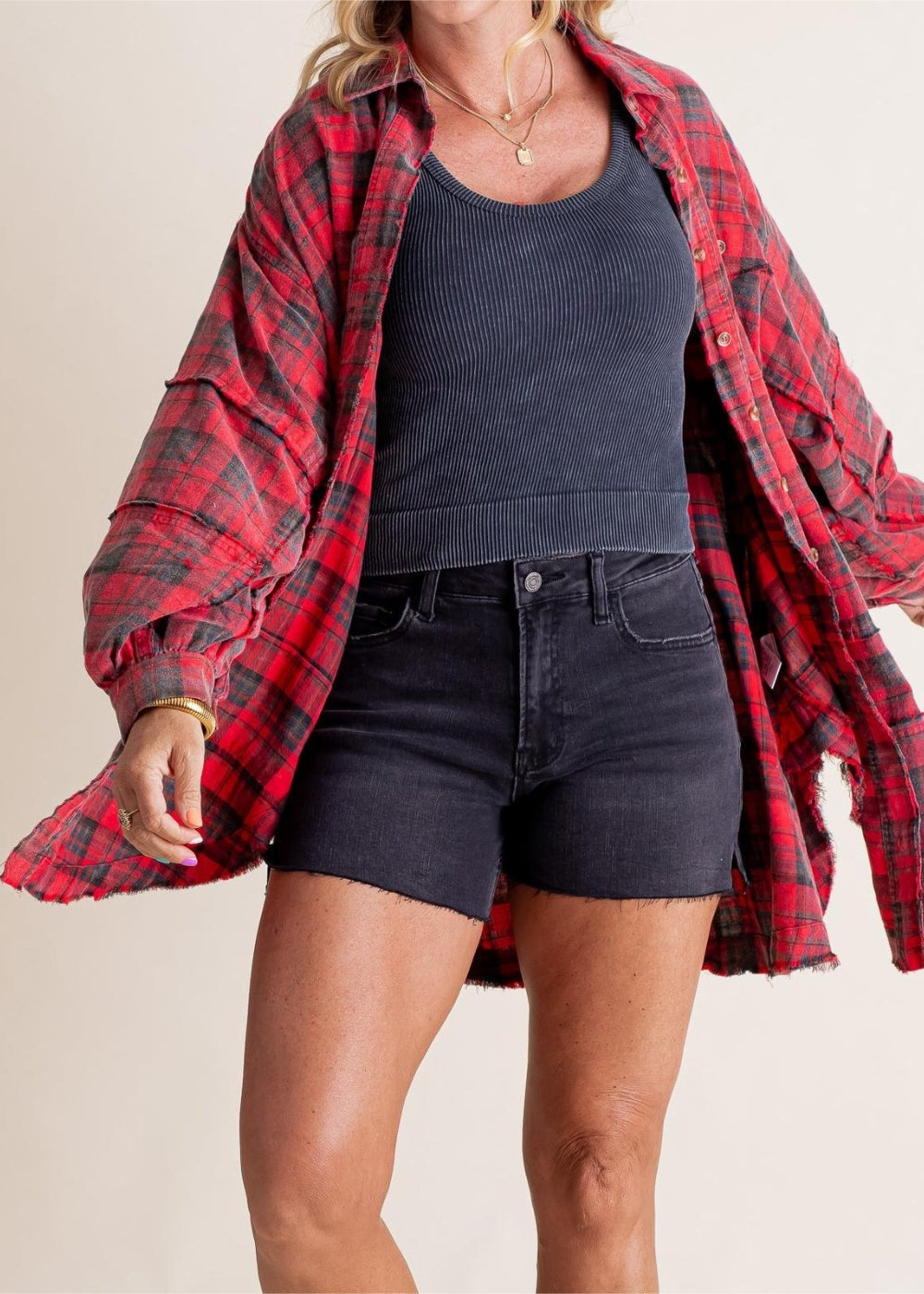 Raw Edge Plus Size Shirt Jacket – Washed Flannel Layer with Pockets