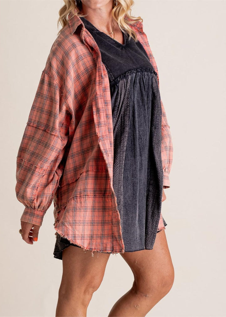 Raw Edge Plus Size Shirt Jacket – Washed Flannel Layer with Pockets