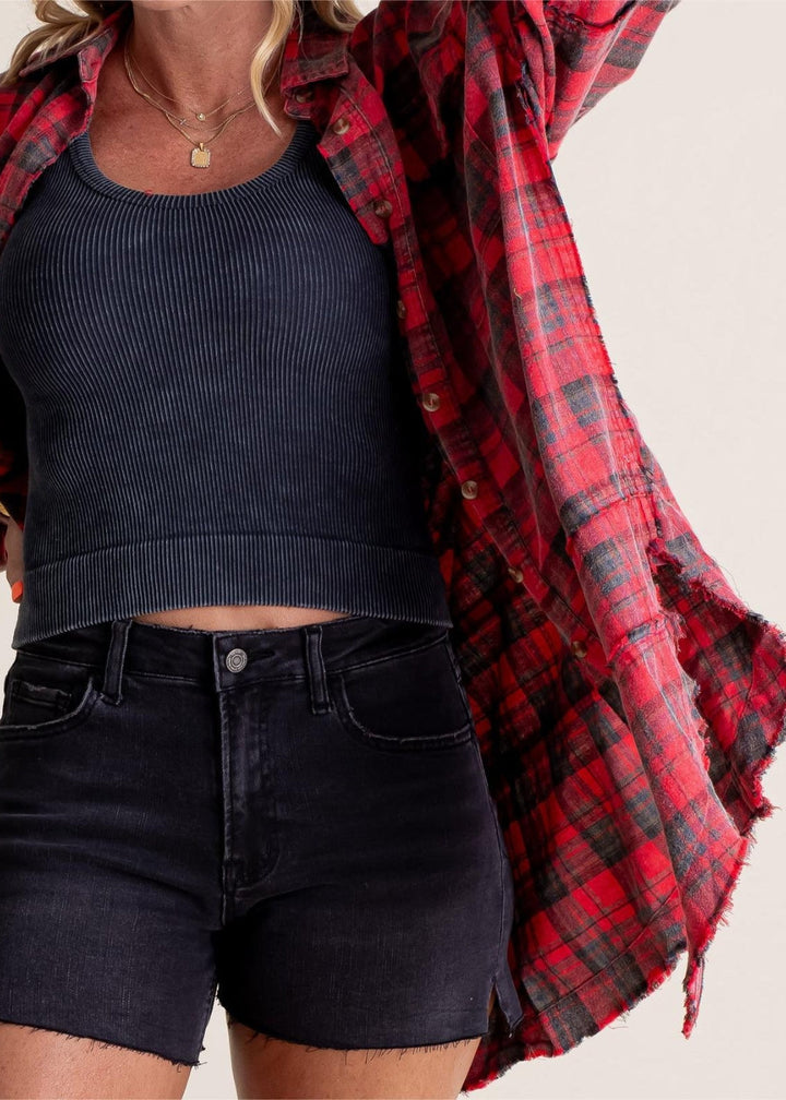 Raw Edge Plus Size Shirt Jacket – Washed Flannel Layer with Pockets
