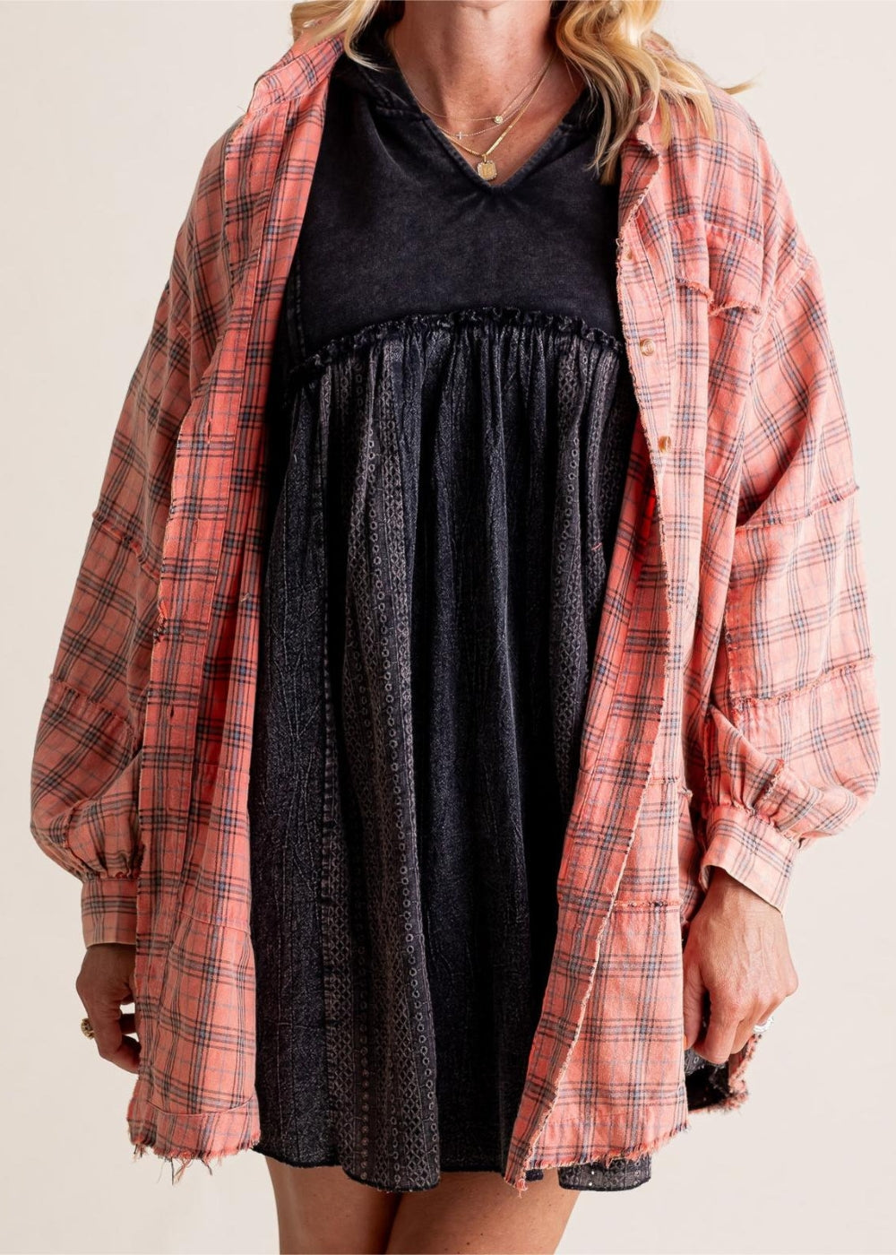 Raw Edge Plus Size Shirt Jacket – Washed Flannel Layer with Pockets