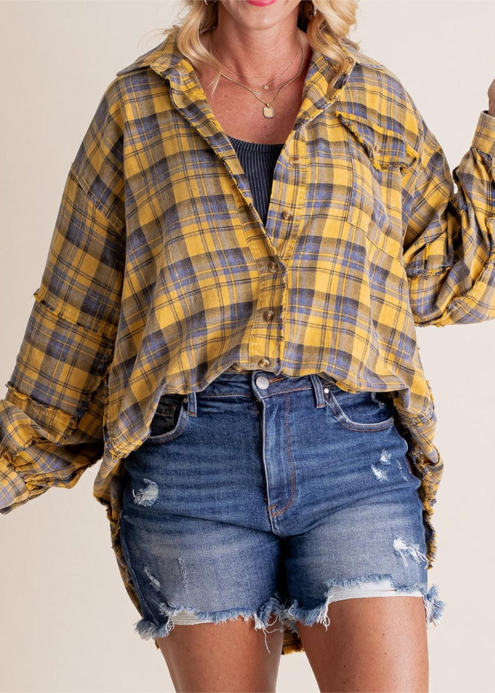 Raw Edge Plus Size Shirt Jacket – Washed Flannel Layer with Pockets