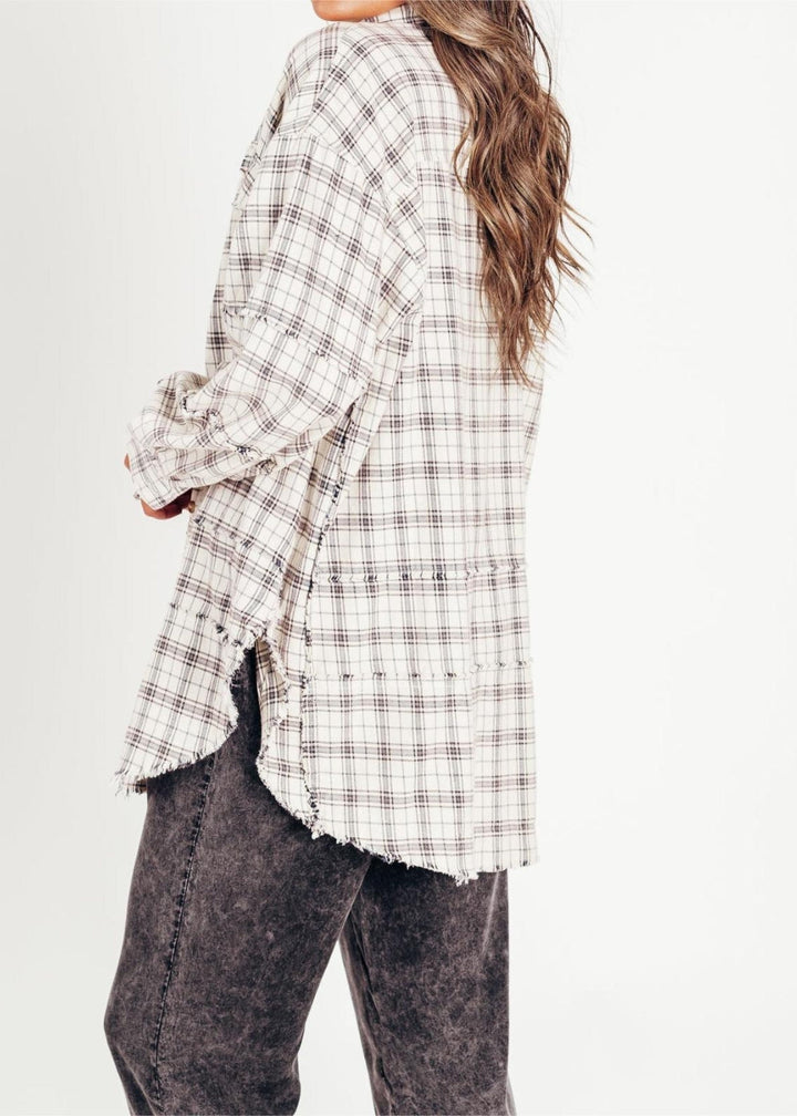 Raw Edge Plus Size Shirt Jacket – Washed Flannel Layer with Pockets