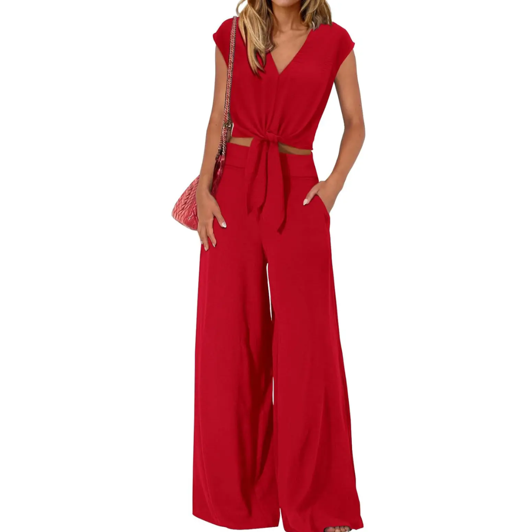 Michelle - V-Neck Tie-Front Crop Top and Wide-Leg Pants Set