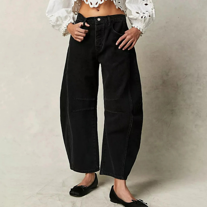 Relaxed Barrel Leg Jeans with Curved Silhouette and Mid Rise