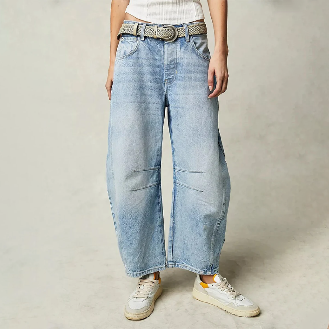 Relaxed Barrel Leg Jeans with Curved Silhouette and Mid Rise