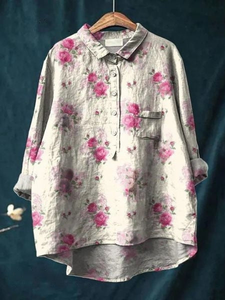 Relaxed Floral Print Linen Shirt with Long Sleeves and Chest Pocket