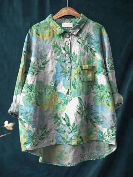 Relaxed Floral Print Linen Shirt with Long Sleeves and Chest Pocket