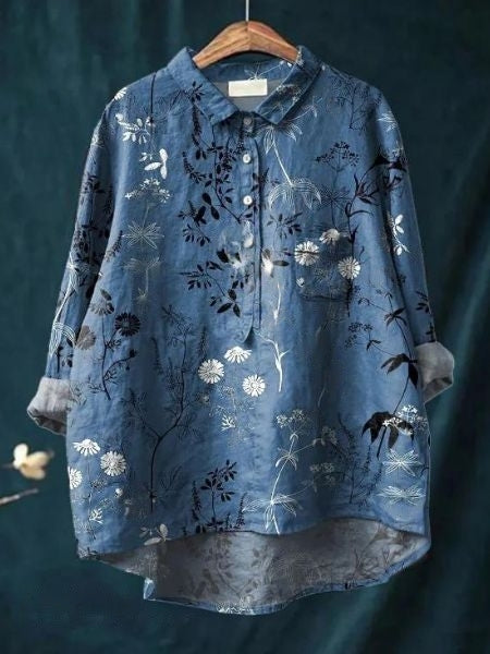 Relaxed Floral Print Linen Shirt with Long Sleeves and Chest Pocket
