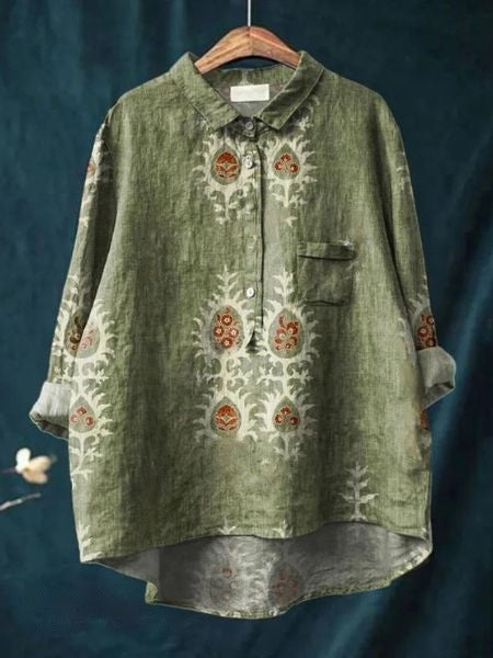 Relaxed Floral Print Linen Shirt with Long Sleeves and Chest Pocket