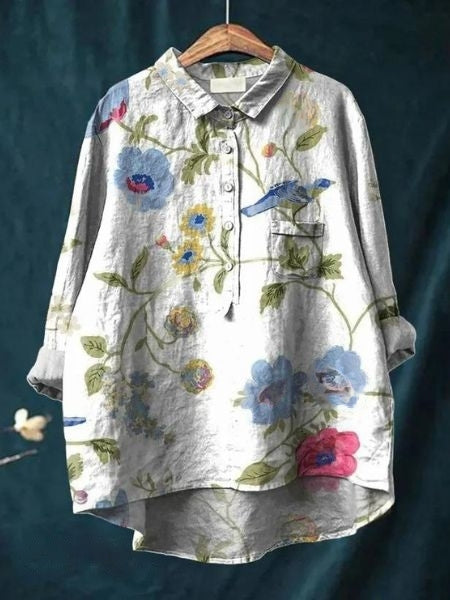 Relaxed Floral Print Linen Shirt with Long Sleeves and Chest Pocket