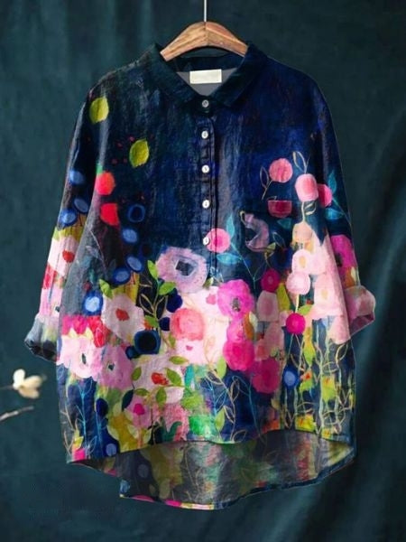 Relaxed Floral Print Linen Shirt with Long Sleeves and Chest Pocket