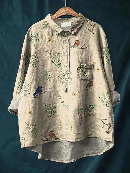 Relaxed Floral Print Linen Shirt with Long Sleeves and Chest Pocket