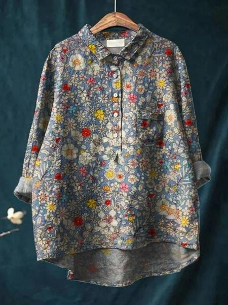 Relaxed Floral Print Linen Shirt with Long Sleeves and Chest Pocket