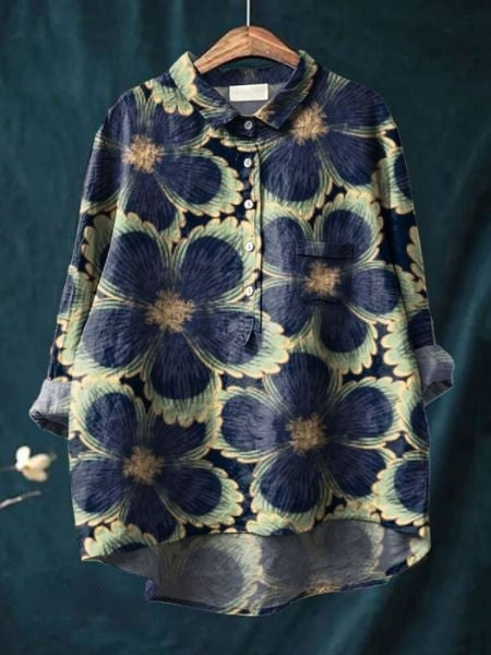 Relaxed Floral Print Linen Shirt with Long Sleeves and Chest Pocket