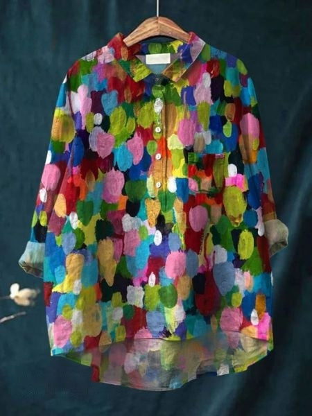 Relaxed Floral Print Linen Shirt with Long Sleeves and Chest Pocket