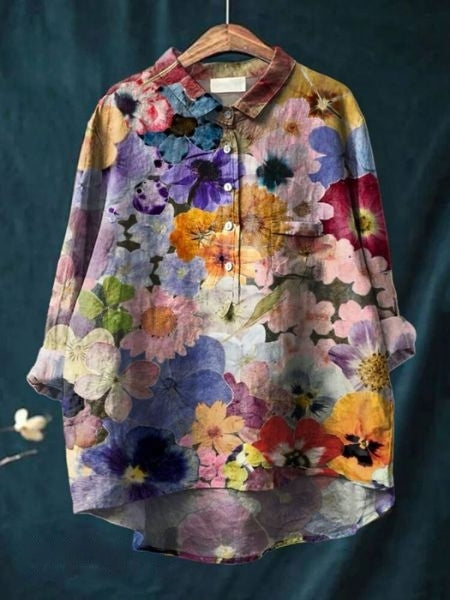 Relaxed Floral Print Linen Shirt with Long Sleeves and Chest Pocket