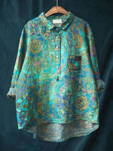 Relaxed Floral Print Linen Shirt with Long Sleeves and Chest Pocket