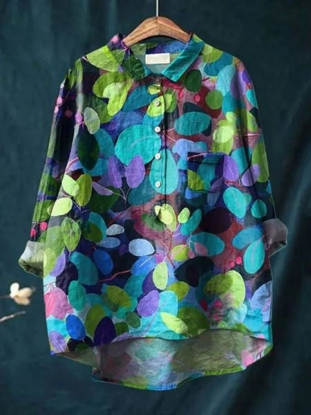 Relaxed Floral Print Linen Shirt with Long Sleeves and Chest Pocket