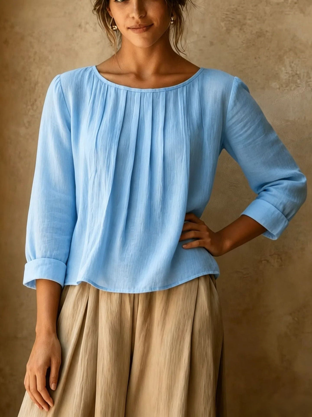 Relaxed Linen Blouse with Pleated Front and Three Quarter Sleeves