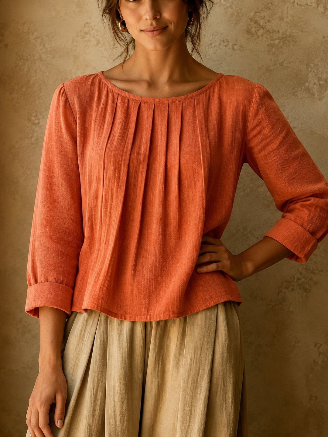 Relaxed Linen Blouse with Pleated Front and Three Quarter Sleeves