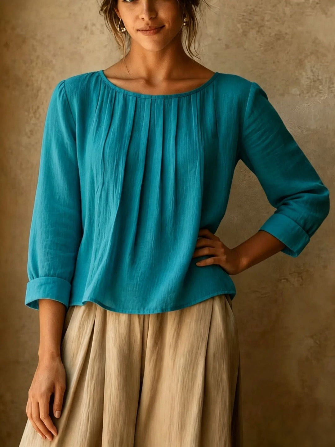 Relaxed Linen Blouse with Pleated Front and Three Quarter Sleeves