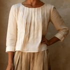 Relaxed Linen Blouse with Pleated Front and Three Quarter Sleeves