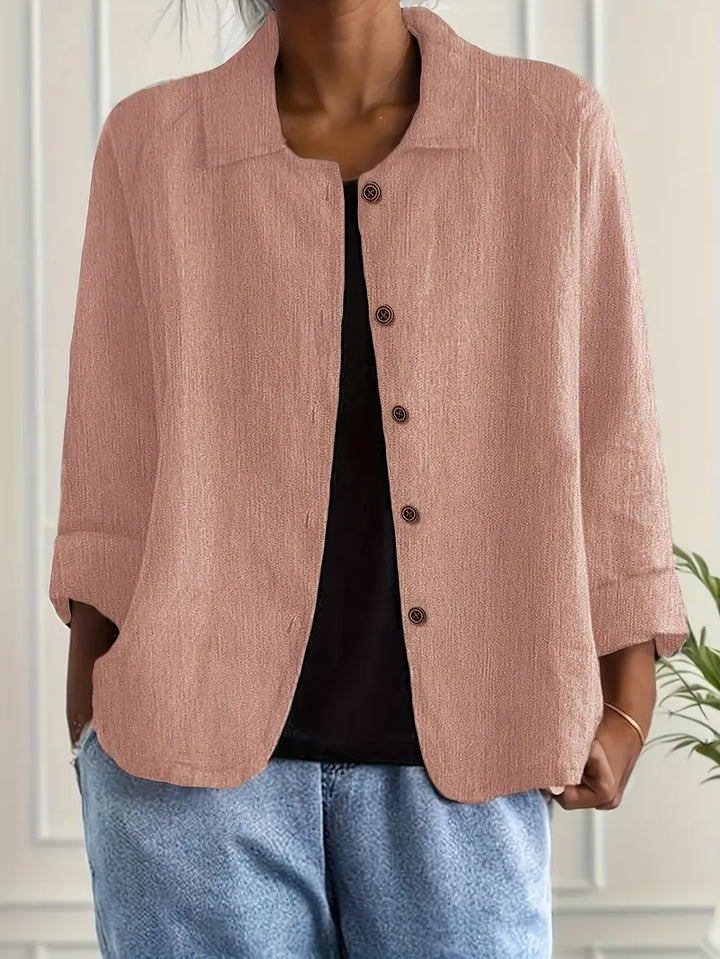 Relaxed Linen Button Up Shirt with Collar and Three Quarter Sleeves