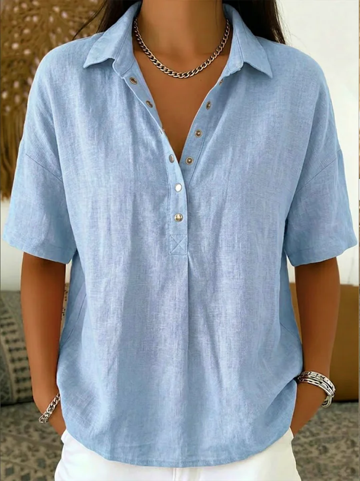 Relaxed Linen Shirt with Collar and Snap Button Placket