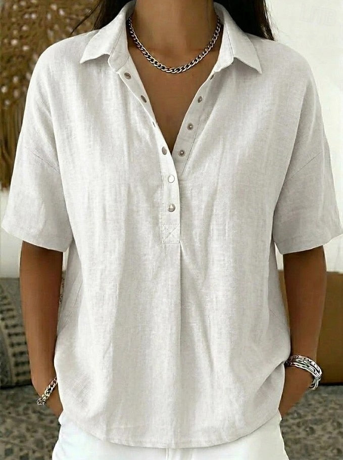 Relaxed Linen Shirt with Collar and Snap Button Placket