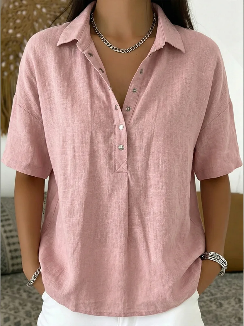 Relaxed Linen Shirt with Collar and Snap Button Placket