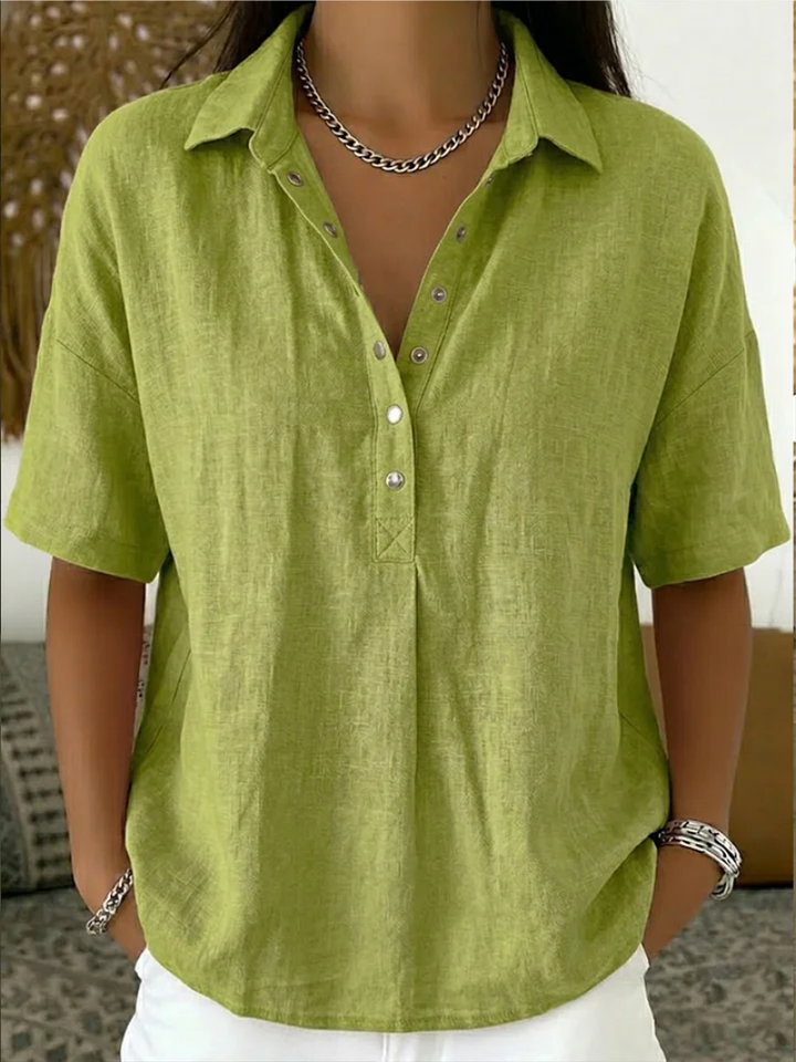 Relaxed Linen Shirt with Collar and Snap Button Placket