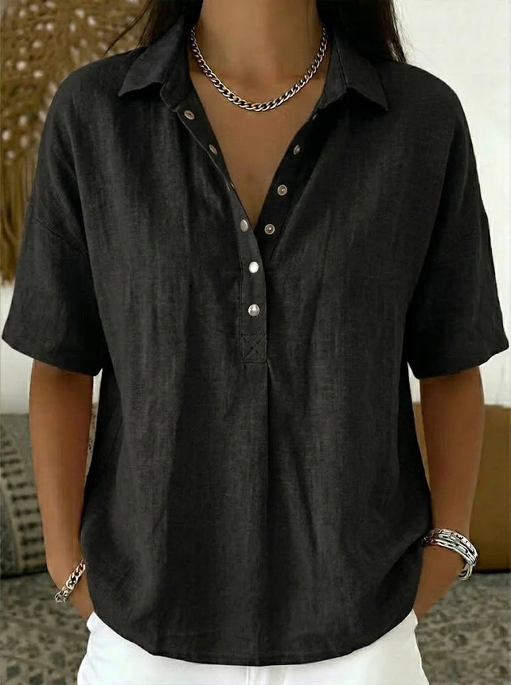 Relaxed Linen Shirt with Collar and Snap Button Placket
