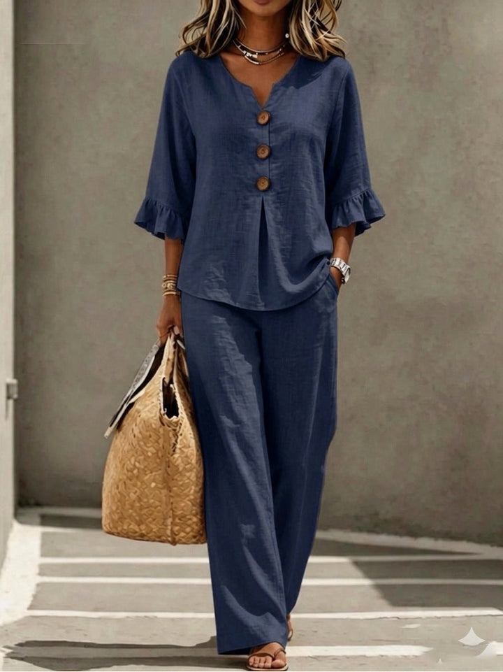 Relaxed Linen Two Piece Set with Ruffle Sleeve Top and Wide Leg Trousers