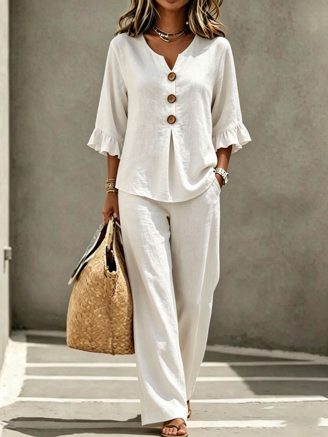 Relaxed Linen Two Piece Set with Ruffle Sleeve Top and Wide Leg Trousers