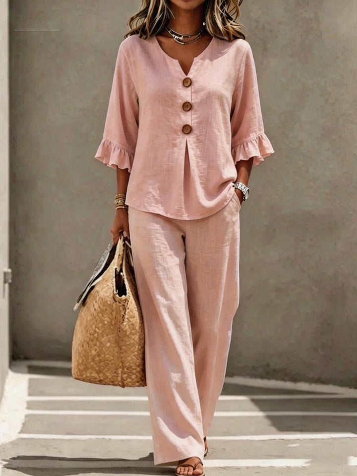 Relaxed Linen Two Piece Set with Ruffle Sleeve Top and Wide Leg Trousers