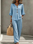 Relaxed Linen Two Piece Set with Ruffle Sleeve Top and Wide Leg Trousers