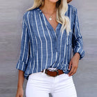 Relaxed Striped Linen Blouse with V-Neckline and Long Sleeves
