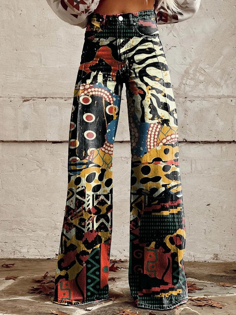 Retro Printed Trousers with High Waist and Full Length Flare