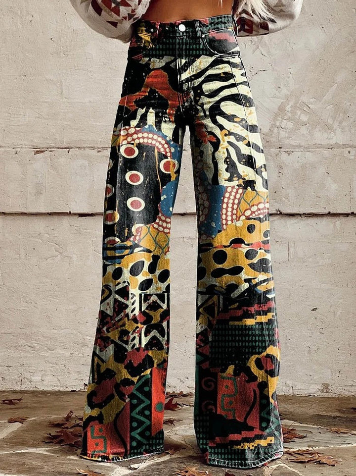 Retro Printed Trousers with High Waist and Full Length Flare