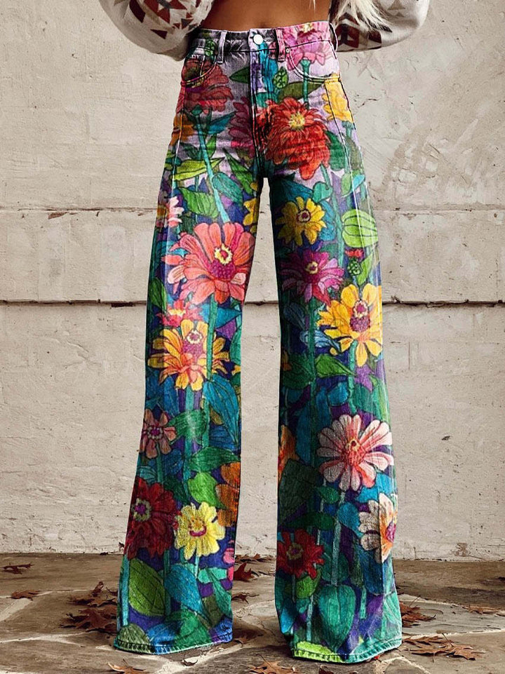 Retro Printed Trousers with High Waist and Full Length Flare