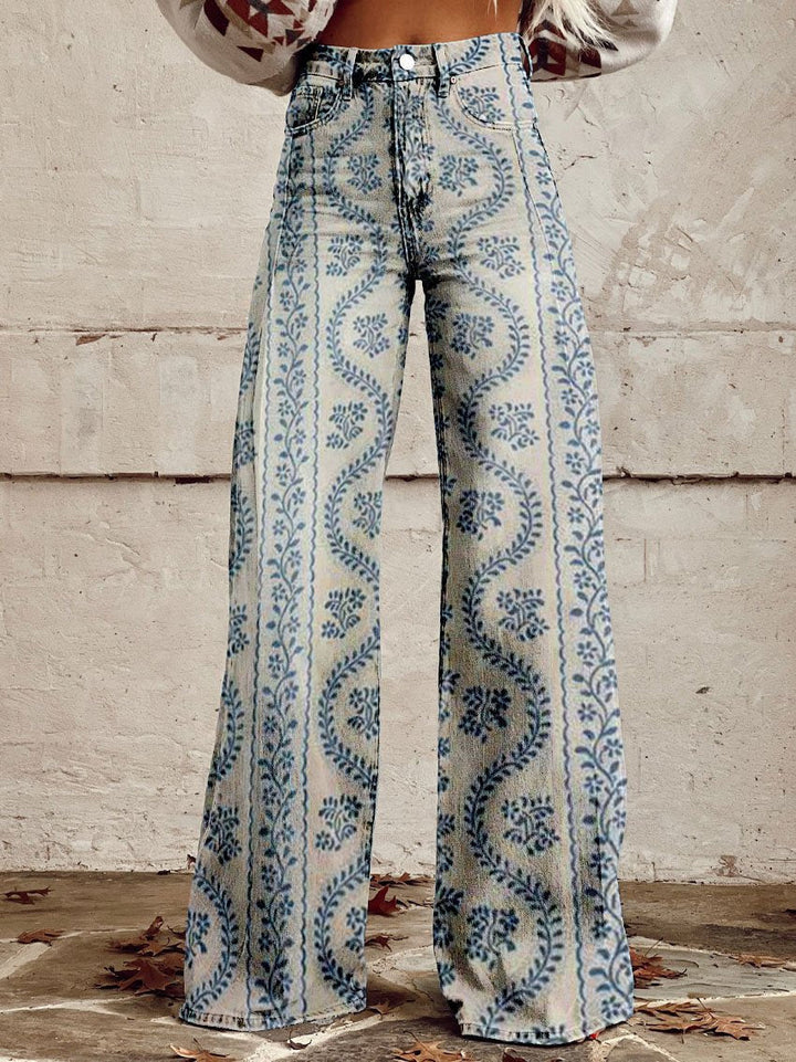Retro Printed Trousers with High Waist and Full Length Flare