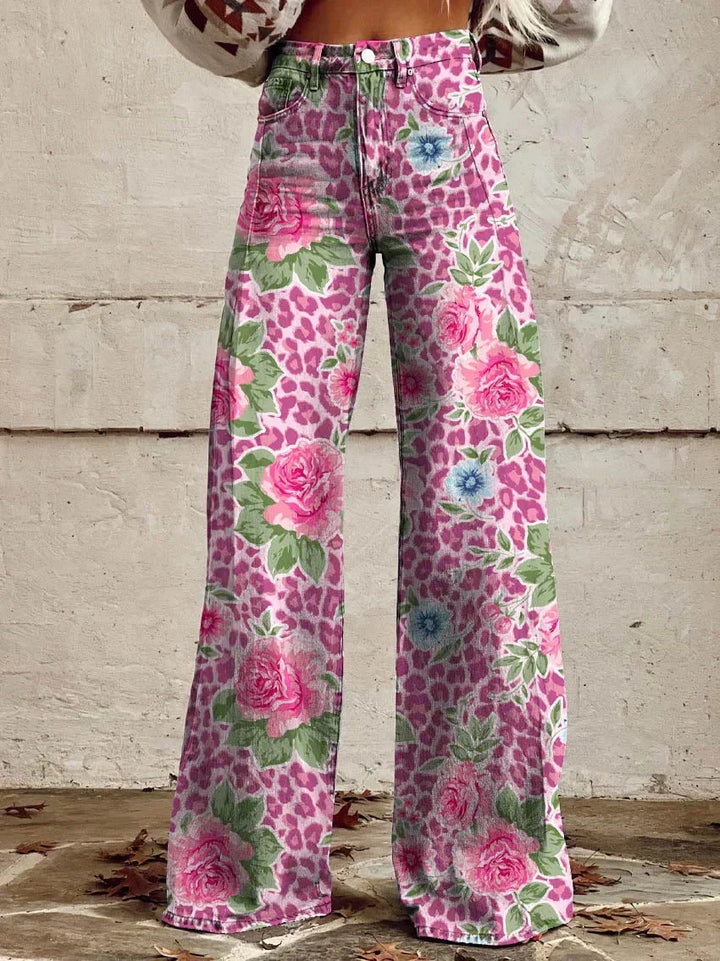 Retro Printed Trousers with High Waist and Full Length Flare