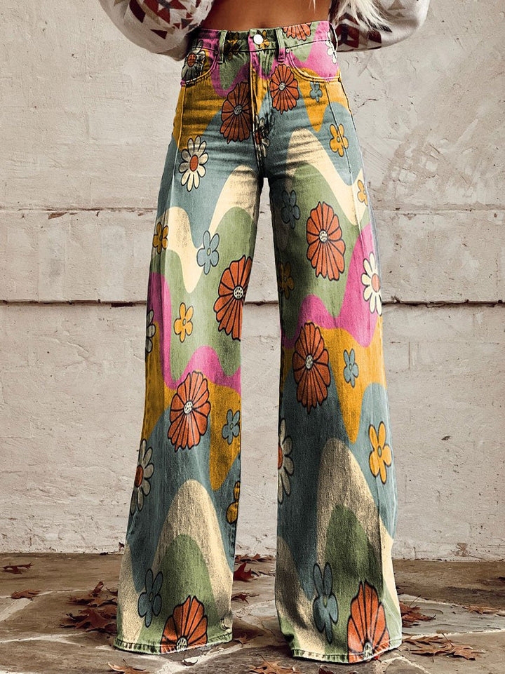 Retro Printed Trousers with High Waist and Full Length Flare