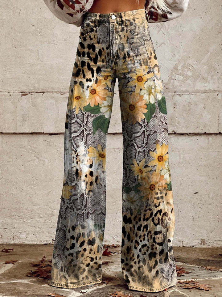 Retro Printed Trousers with High Waist and Full Length Flare
