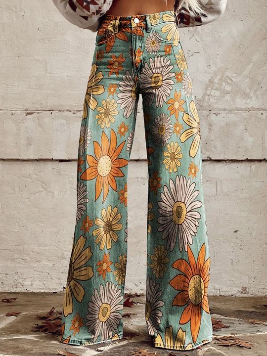 Retro Printed Trousers with High Waist and Full Length Flare