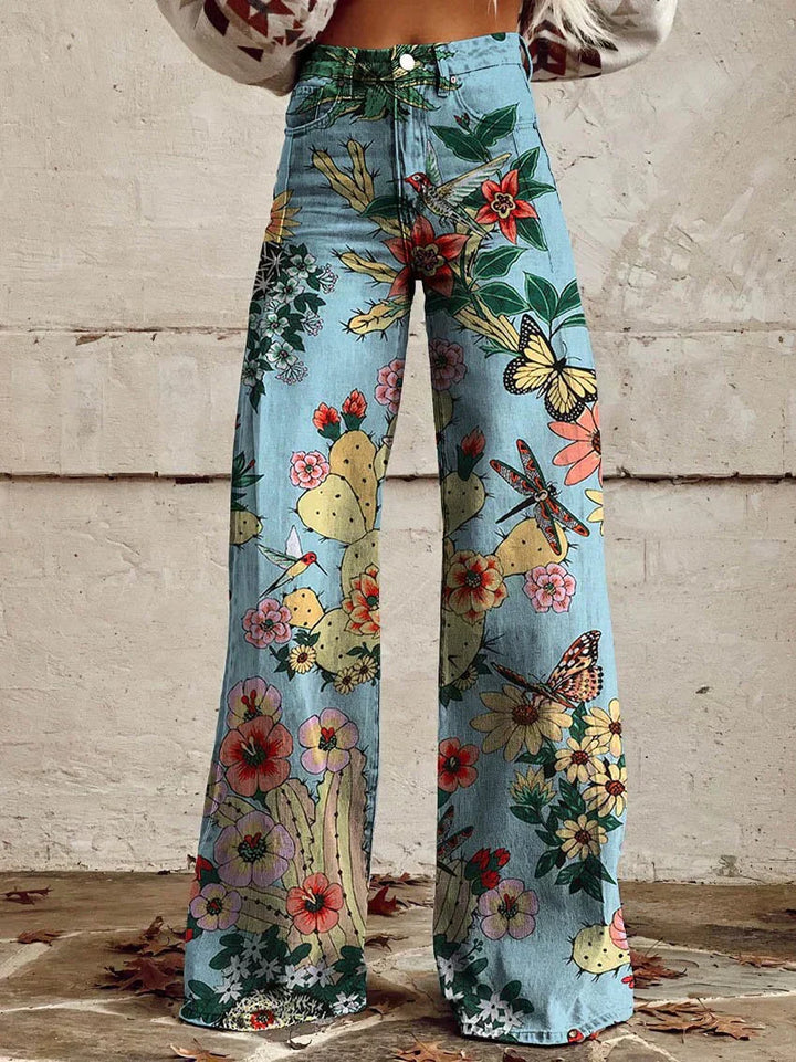 Retro Printed Trousers with High Waist and Full Length Flare