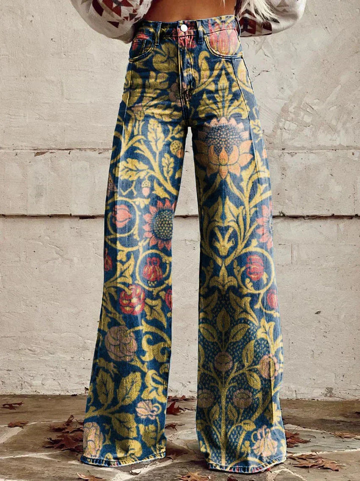Retro Printed Trousers with High Waist and Full Length Flare
