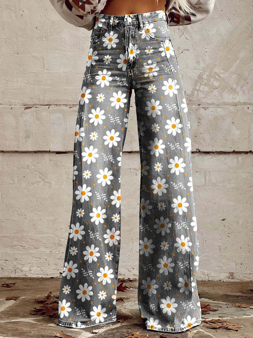 Retro Printed Trousers with High Waist and Full Length Flare