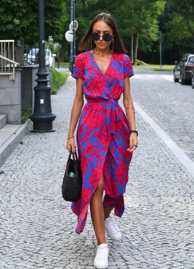MALOU - Floral Print Short Sleeve Wrap Maxi Dress with Tie Waist