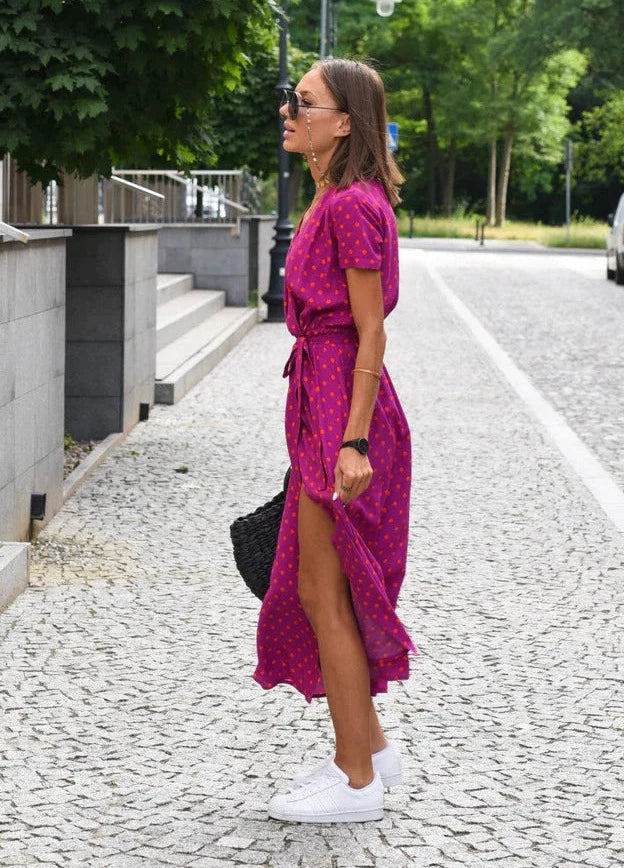 MALOU - Floral Print Short Sleeve Wrap Maxi Dress with Tie Waist